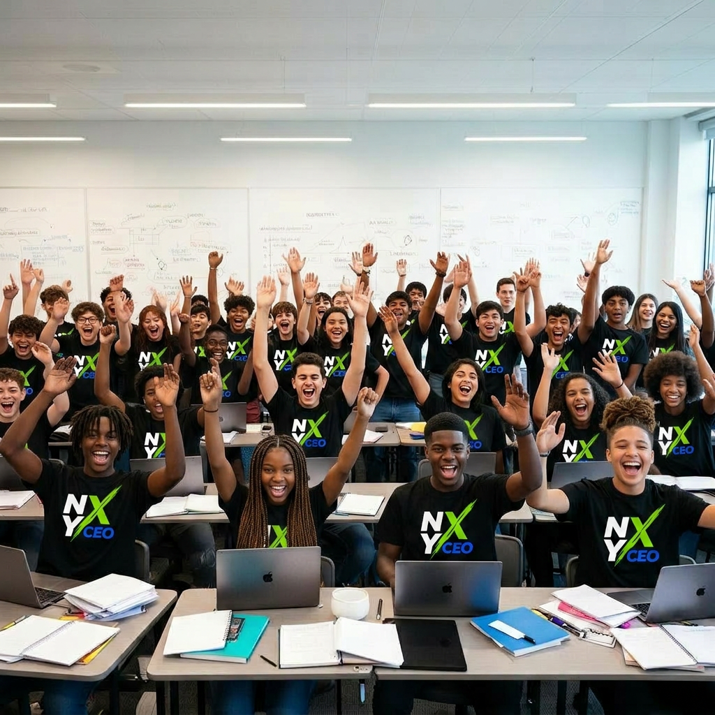 Energized classroom of teen entrepreneurs in NXY CEO t-shirts cheering with hands raised