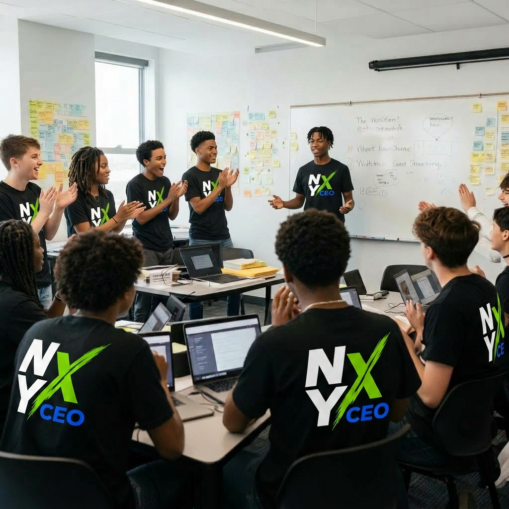 Side angle of NXY CEO students applauding a peer presenting at the whiteboard